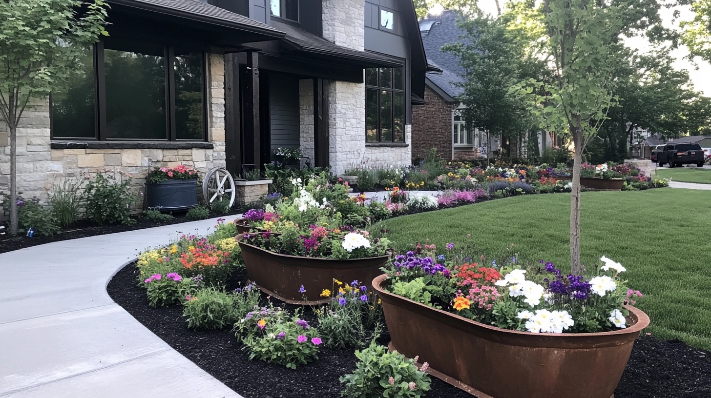 Flowers planted in old, rusted, metal bathtubs