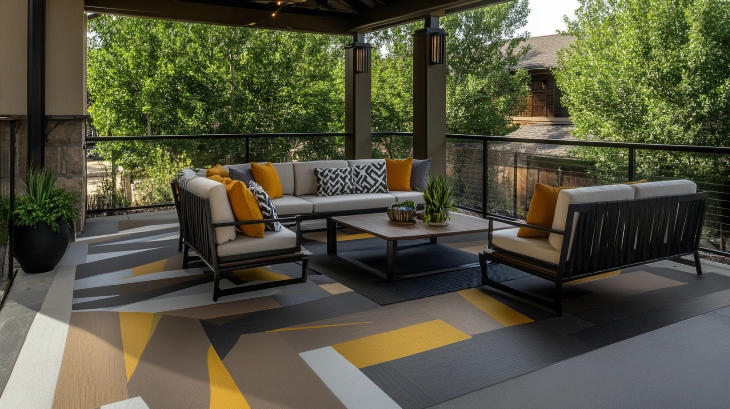 Geometric painted patio floor with grey, yellow, and white design.