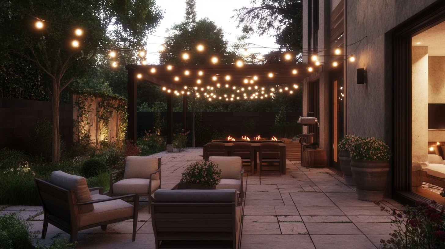 Patio with string lights, seating, and a fire pit.