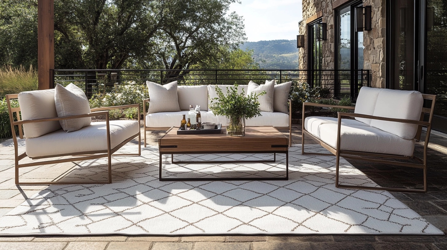 Patio with an outdoor rug defining the seating area, neutral tones and geometric pattern.