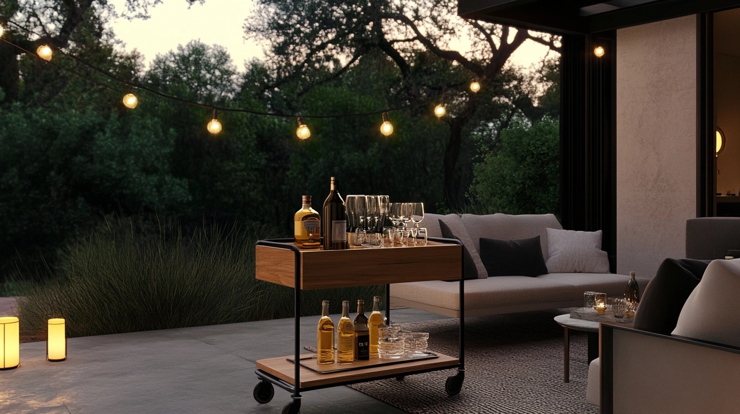 Outdoor bar cart with drinks and glasses, modern design, patio setting.