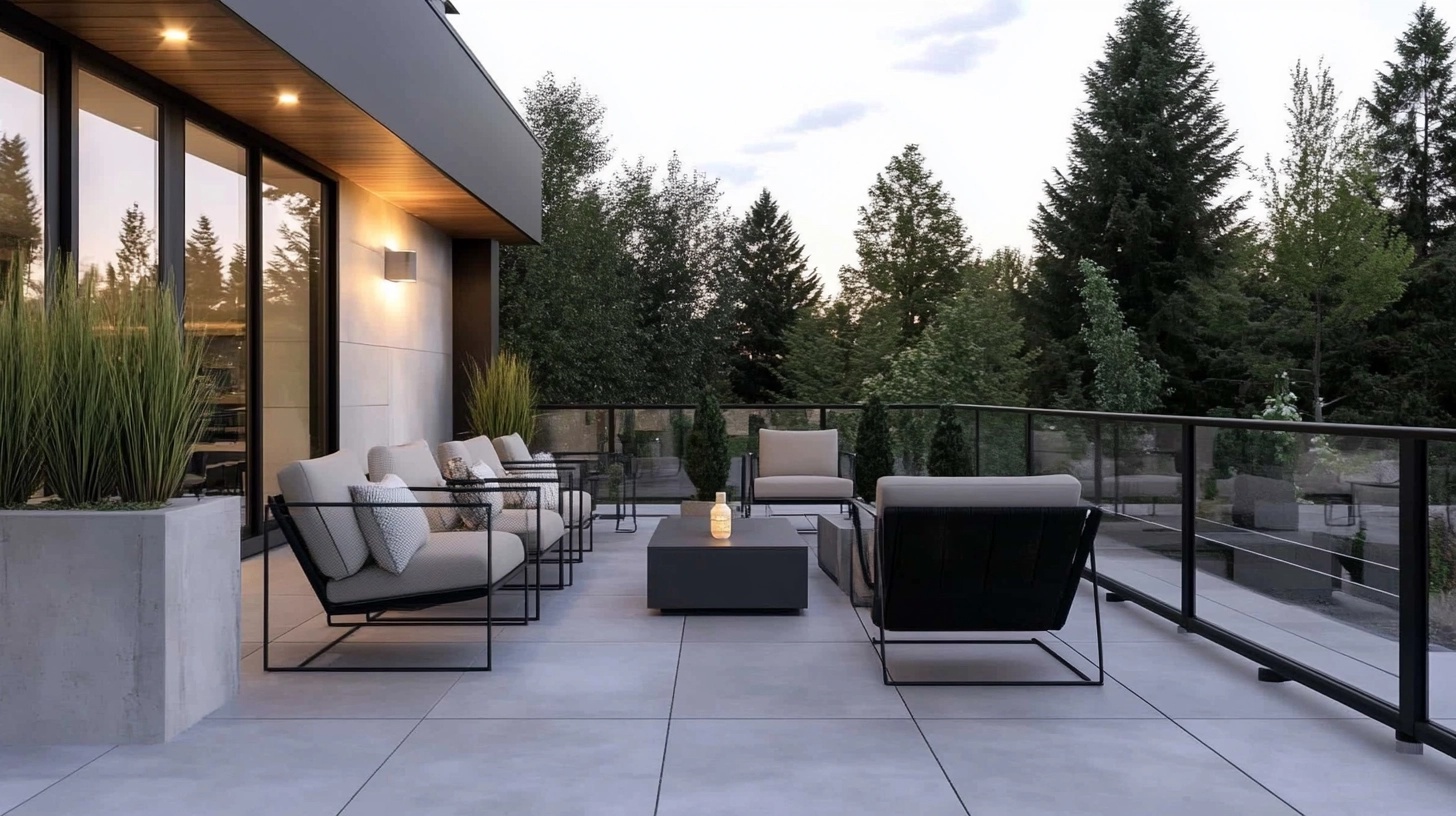 Modern minimalist patio with black-framed furniture.