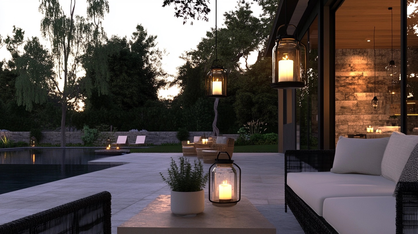 Mason jar lanterns hanging around a patio, creating a soft, romantic glow.