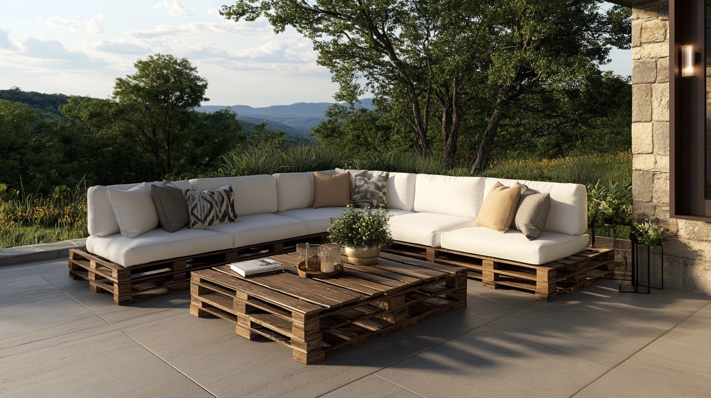 Patio with DIY pallet furniture sectional and coffee table.