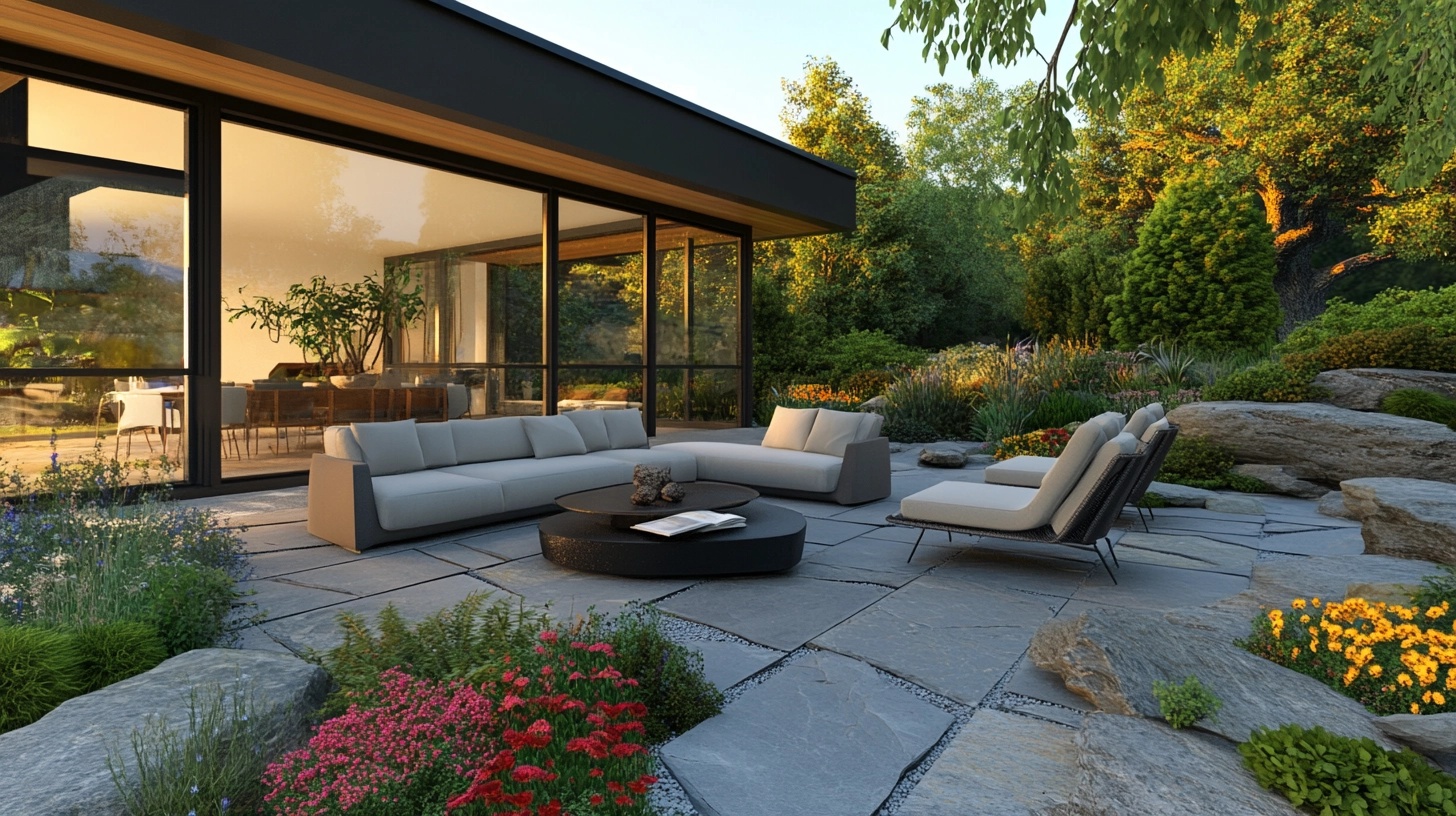 Patio surrounded by natural rock landscaping and lush greenery.