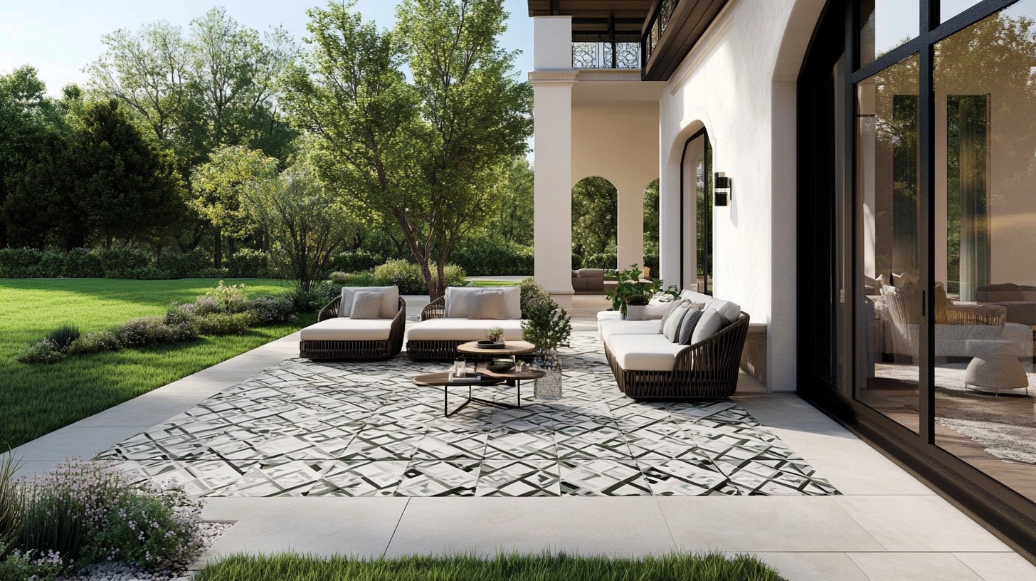 Patio with a patterned tile floor and white lounge furniture.