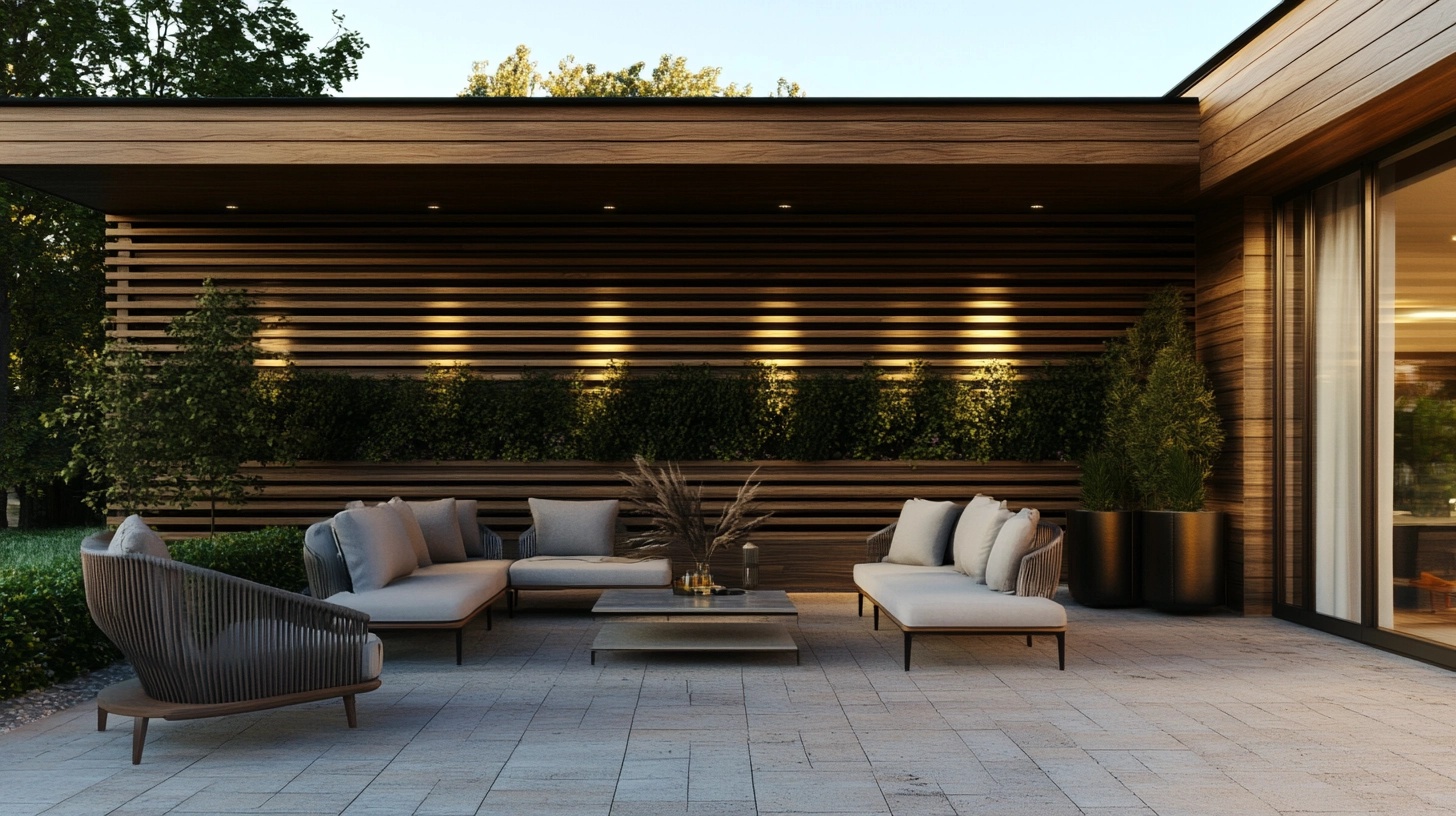 Wooden privacy wall with plants, modern and chic design, protecting a patio, with a sitting area.