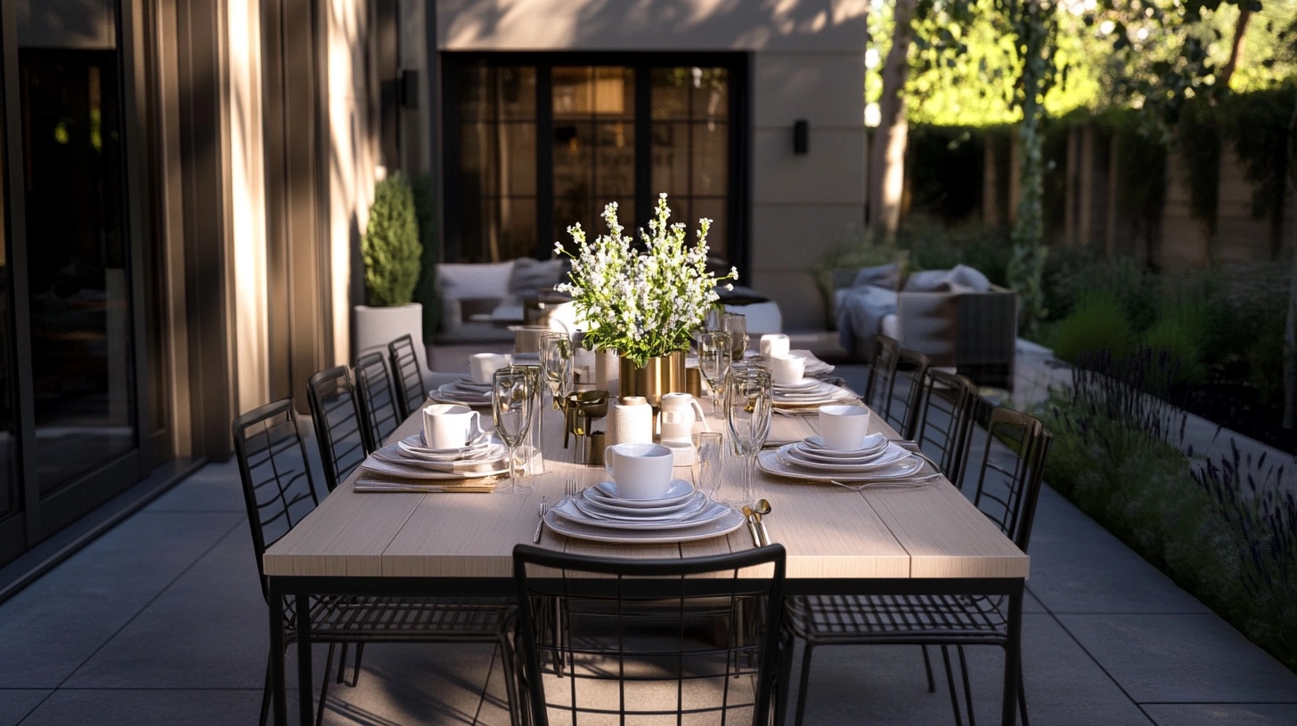 Elegant outdoor dining with long table.