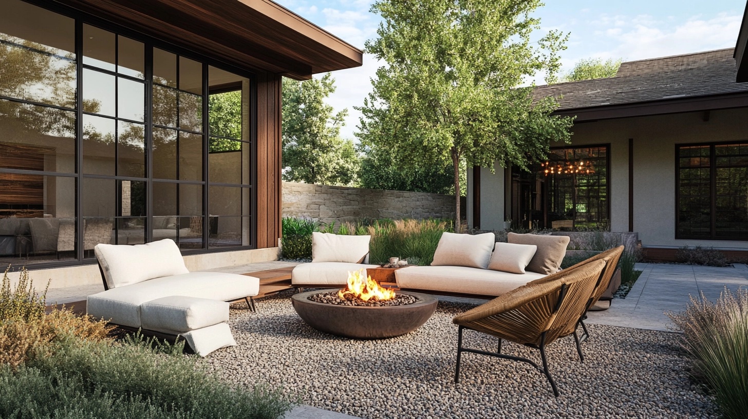 Gravel patio with a circular fire pit and seating.