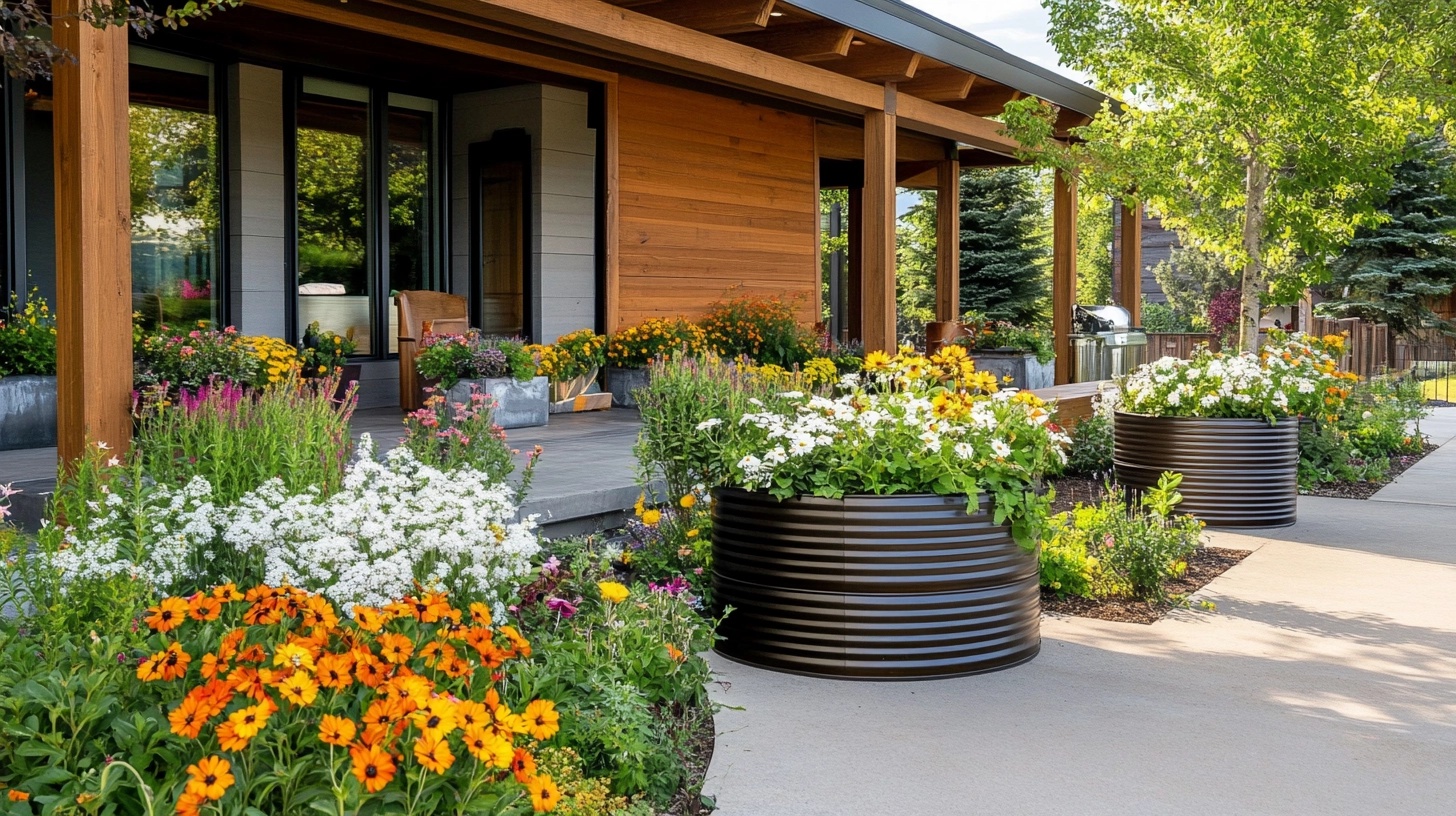 Planters on the edge of a patio, with bright-colored flowers.