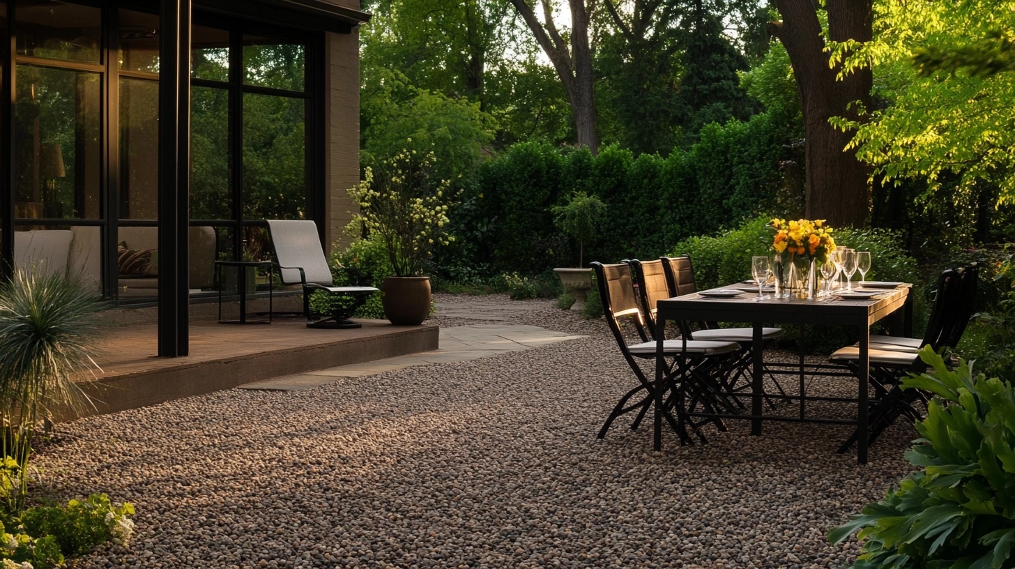 Gravel patio with dining set and surrounding greenery.