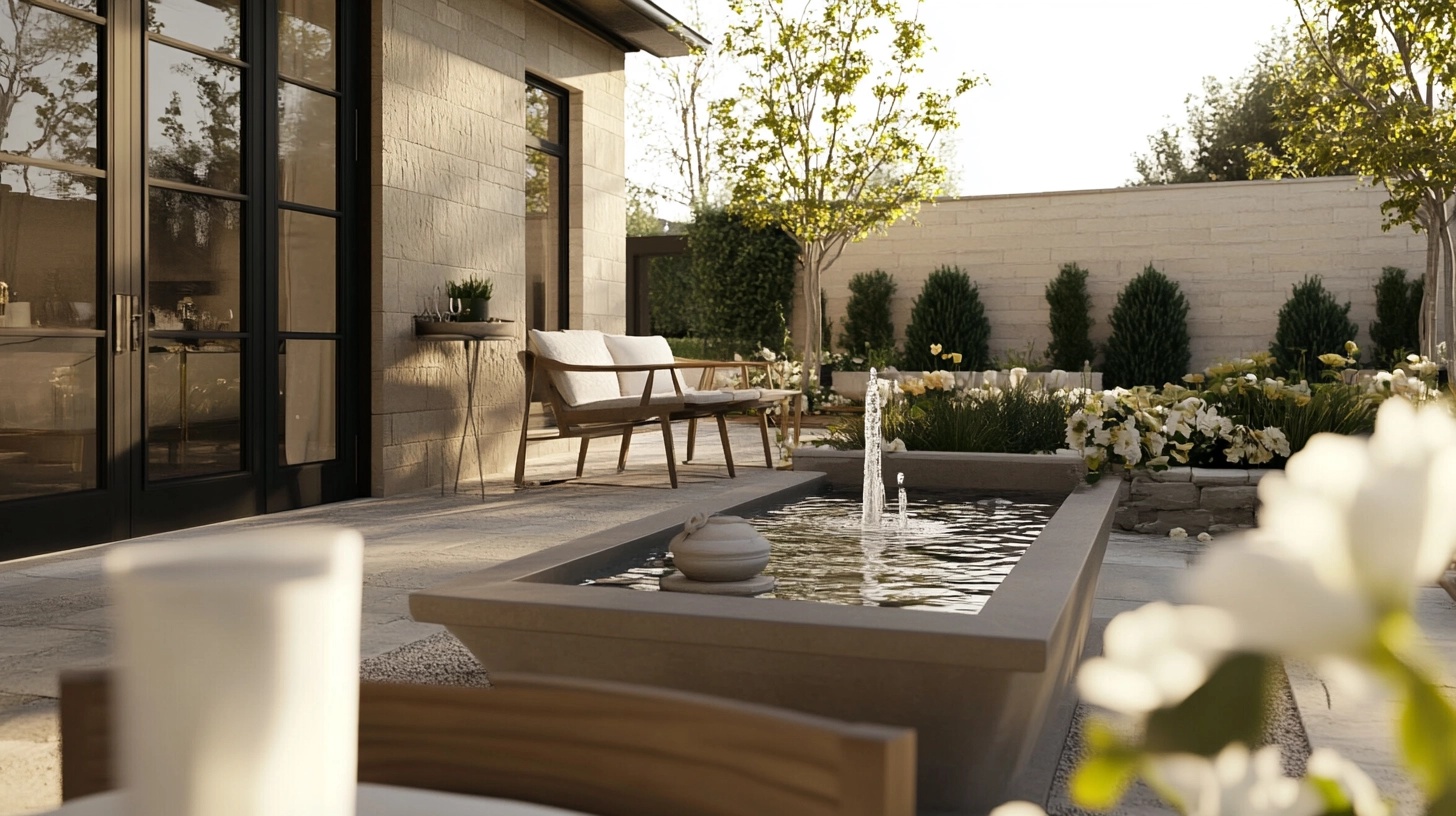 Modern patio with a long, rectangular water feature.