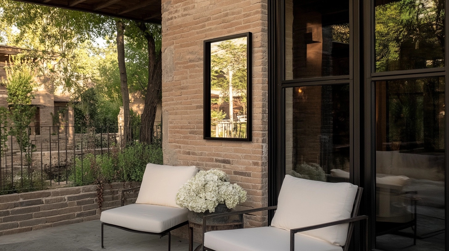 Stylish outdoor patio mirror, mounted on a weathered brick wall, reflecting the soft, natural light.