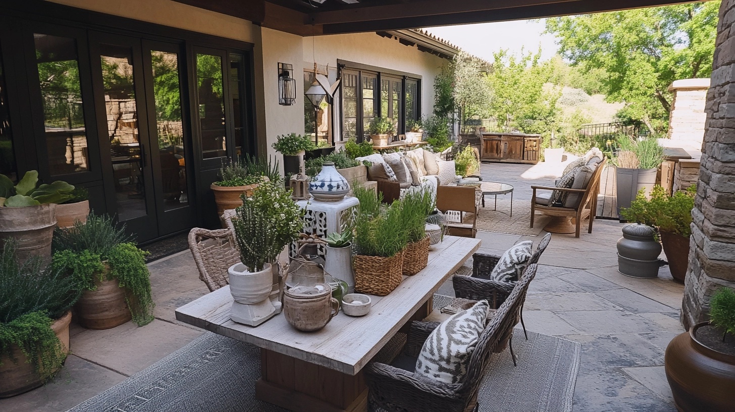 Patio with rustic wooden table and chairs, surrounded by potted plants.