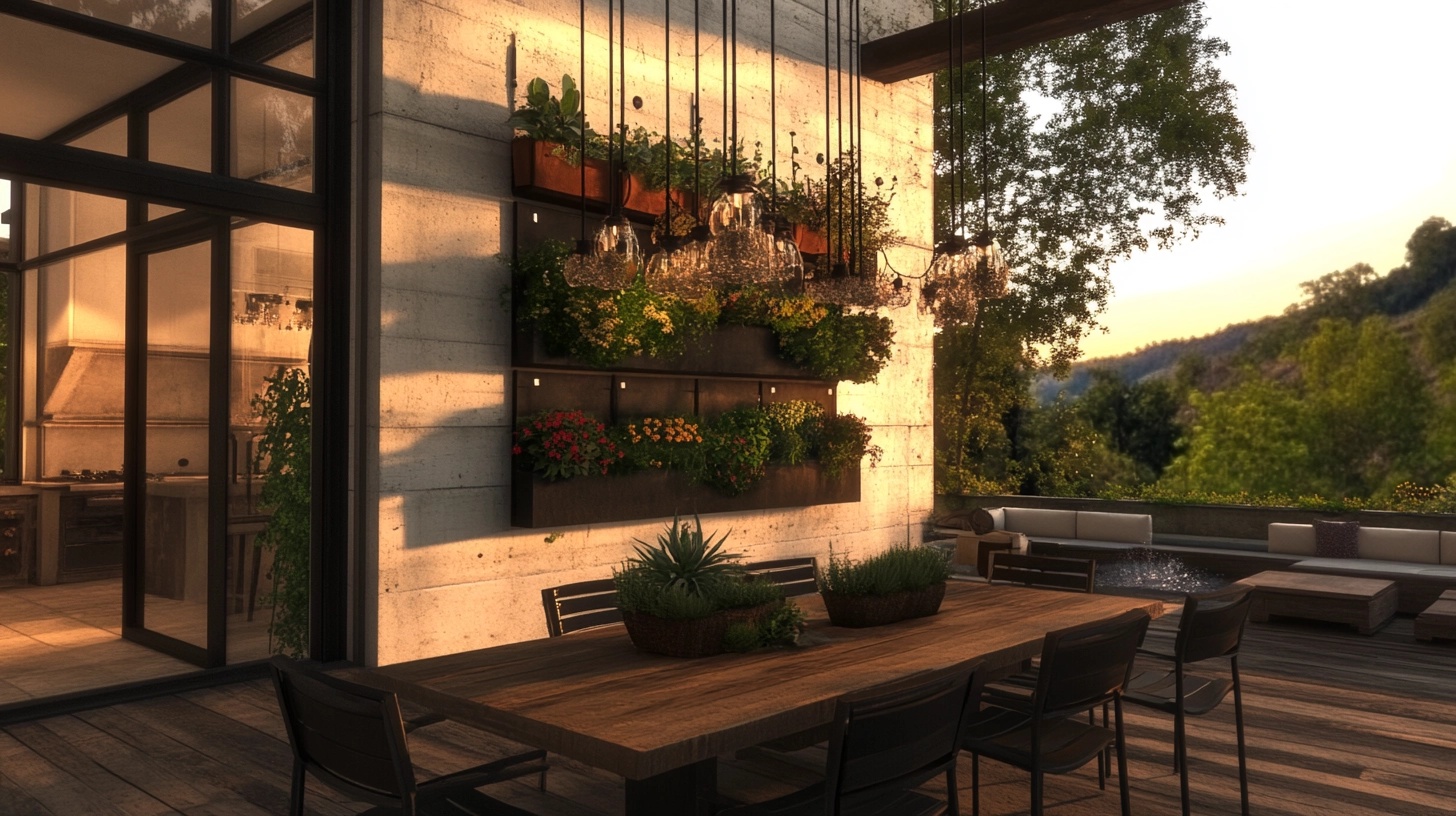 Patio with a vertical garden wall and dining area.