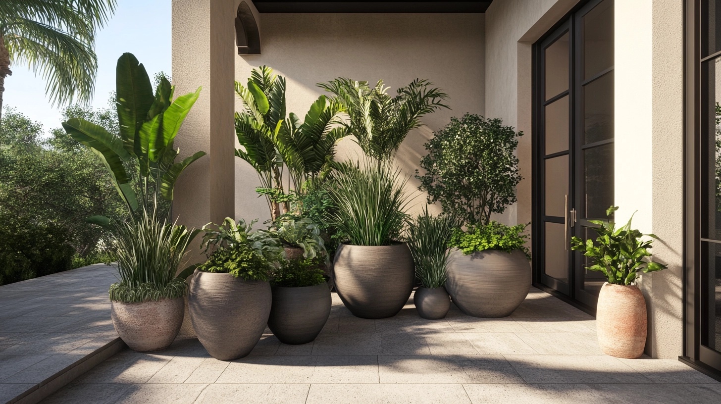 Patio corner with a variety of potted plants in different sizes and shapes.