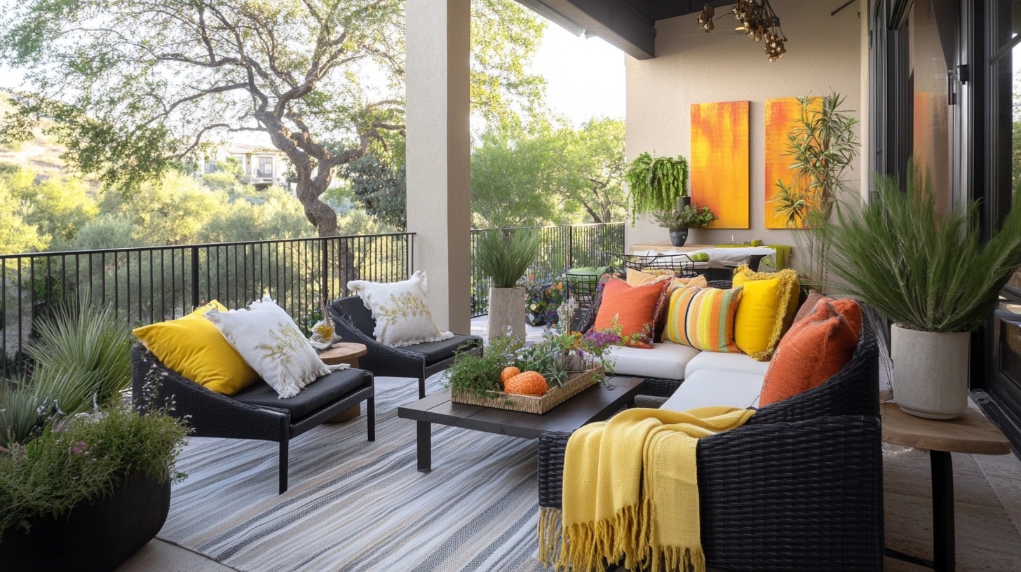 Patio with brightly colored cushions and throws