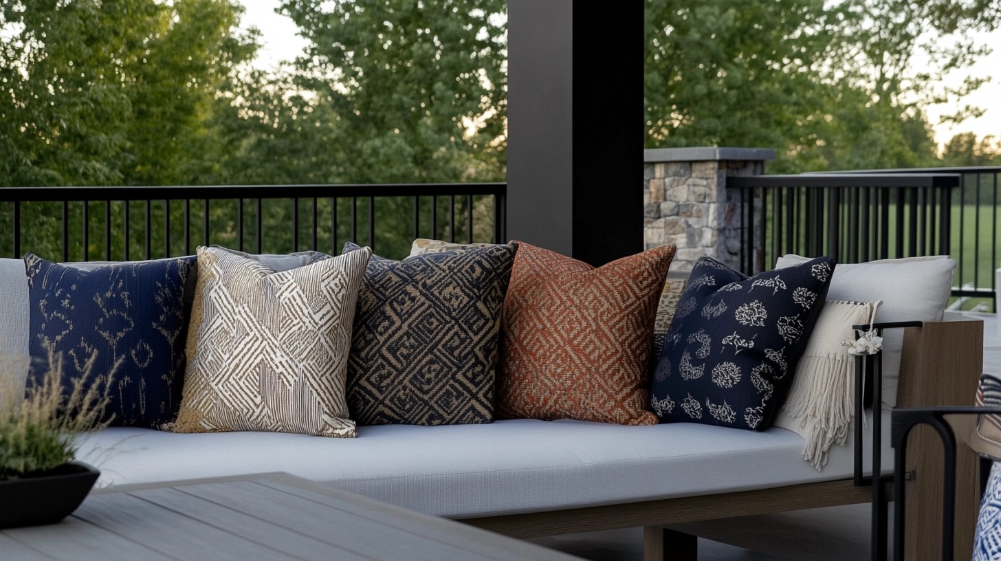 Outdoor sofa with a variety of colorful throw pillows in different patterns.