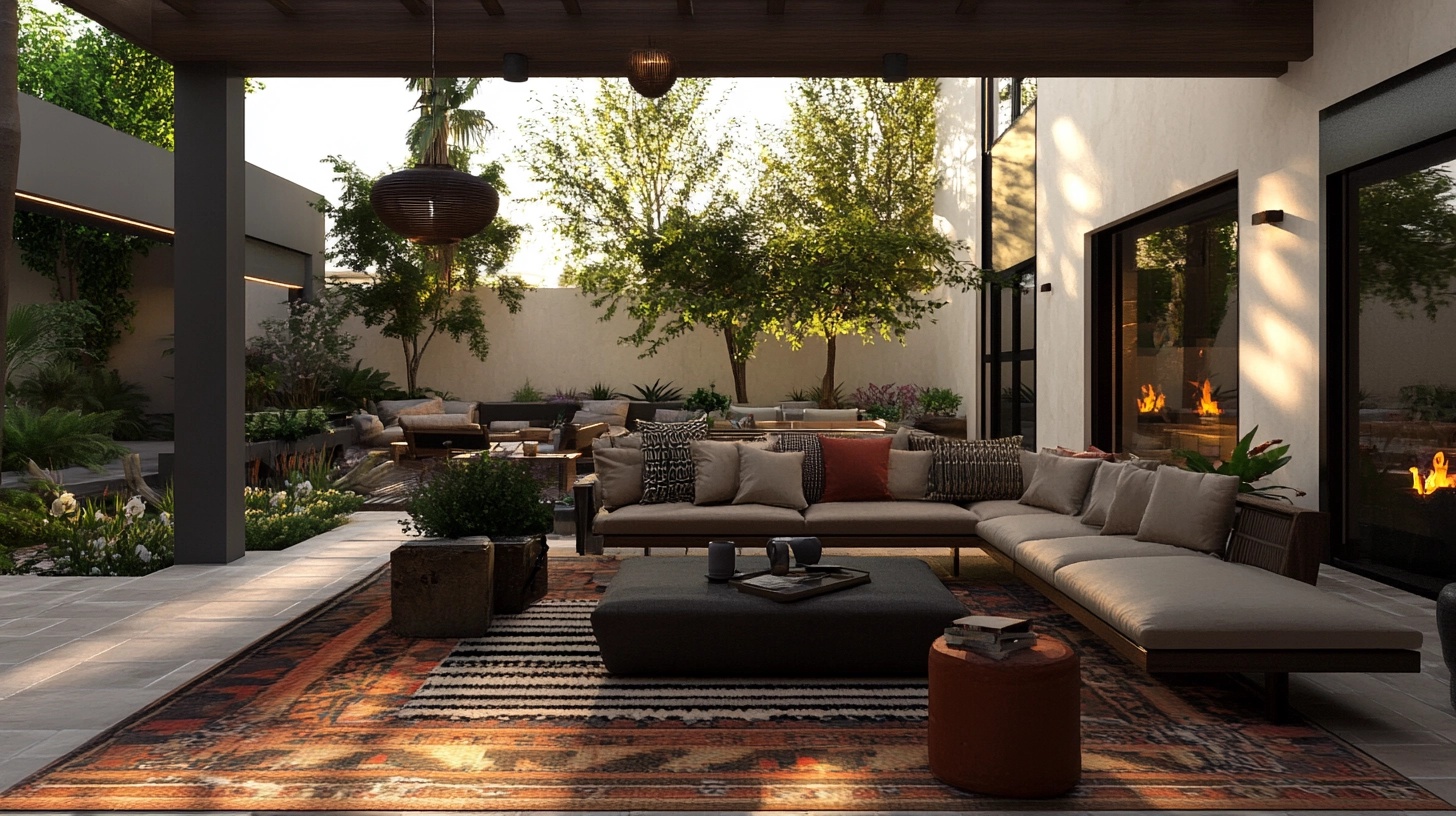 Patio with a layered rug and large sectional sofa.