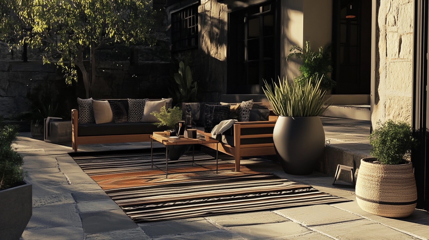 Patio with a rustic striped rug and wooden furniture.