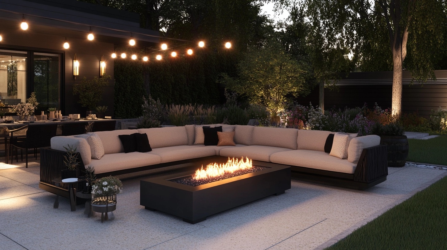 Patio with a rectangular fire pit surrounded by a sectional sofa, evening setting.