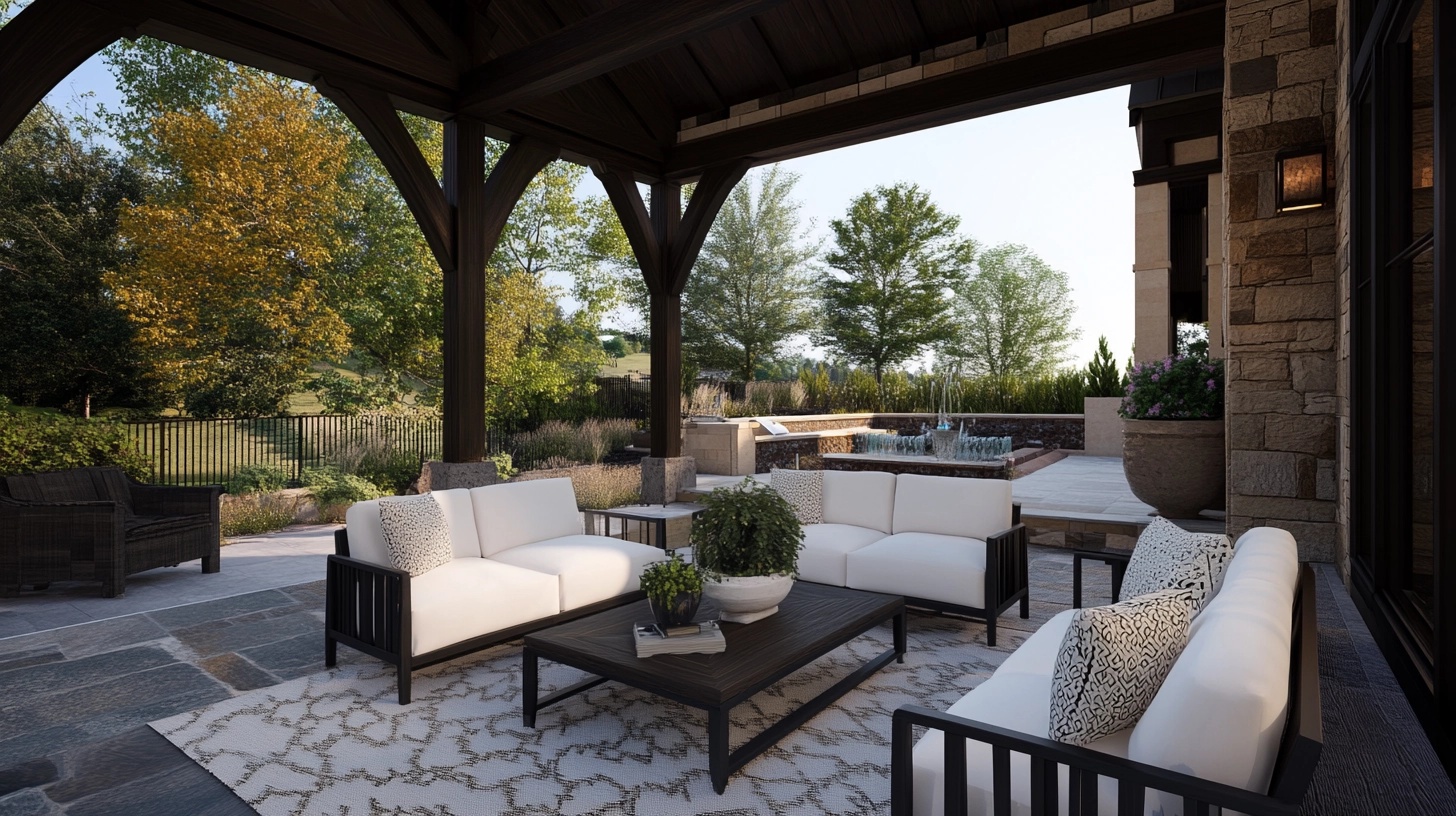 Covered patio with white sofas and a water feature.