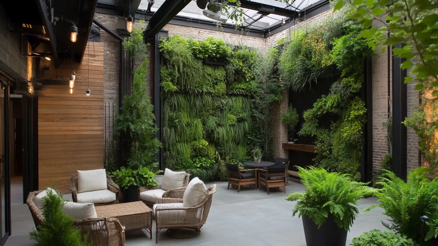 Patio with a vertical garden covering a wall, creating a lush green backdrop.