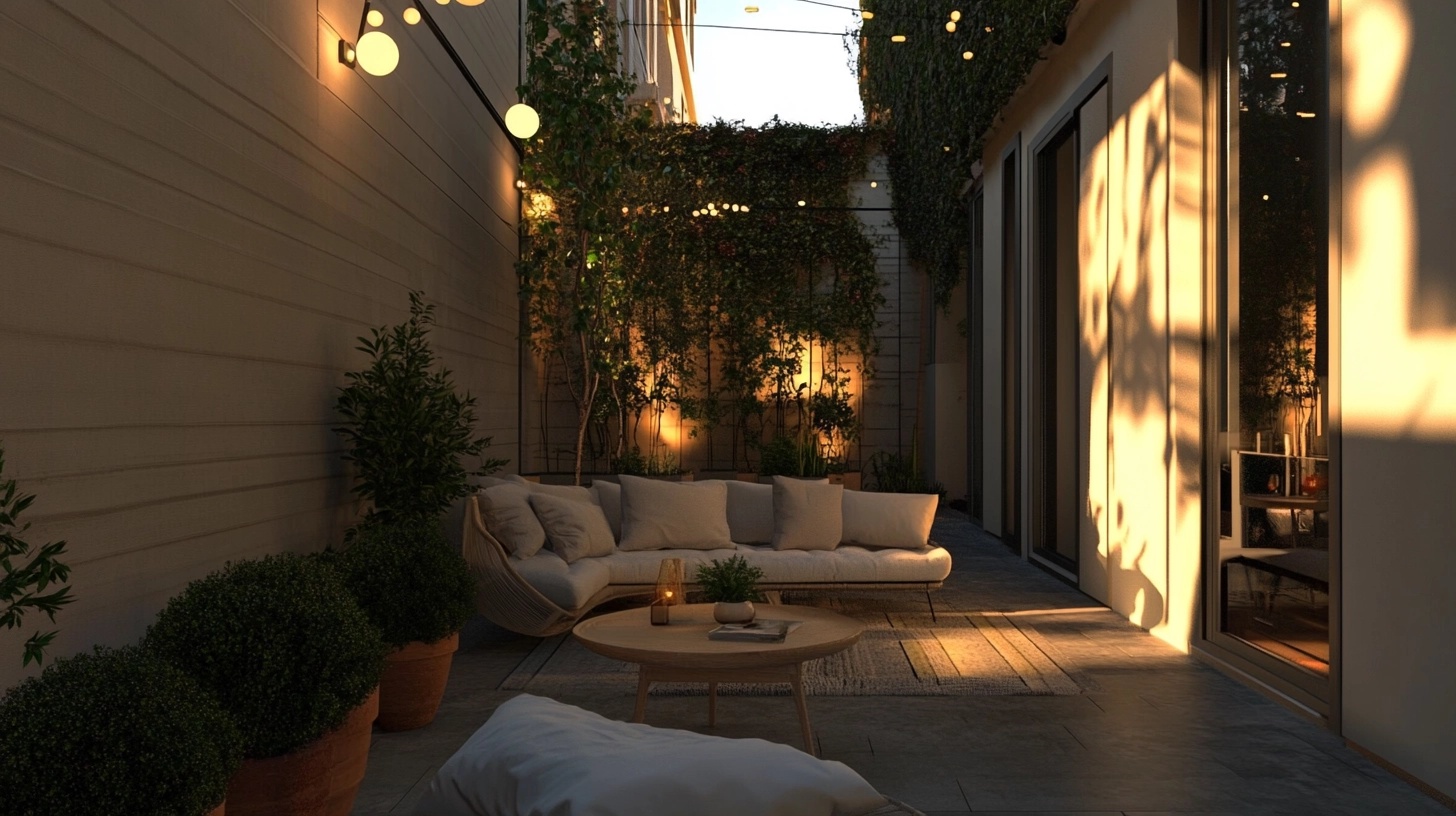 Small patio with a cozy seating area, string lights, and potted plants.