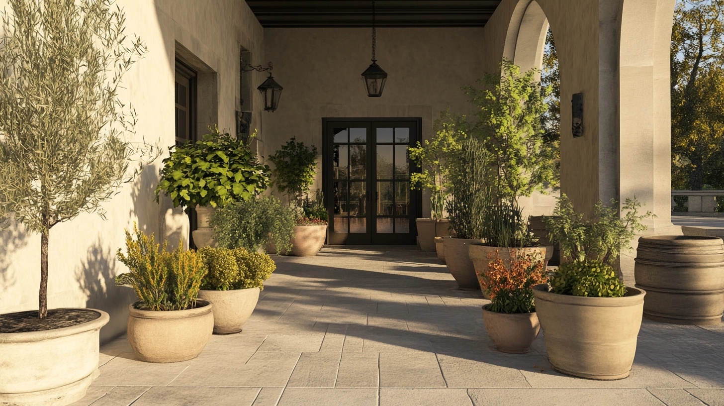 Patio lined with numerous potted plants.