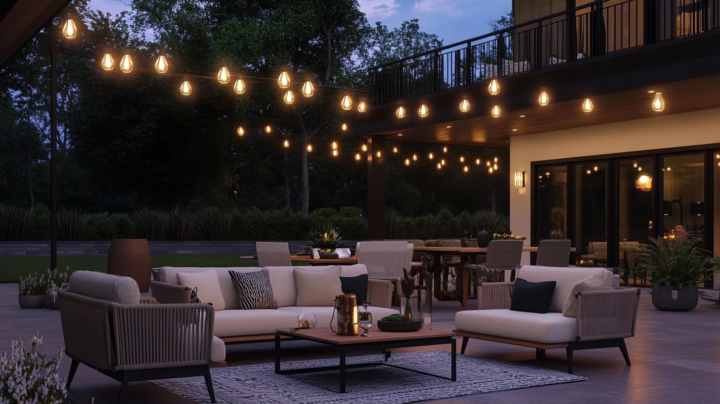 Patio with string lights draped overhead, creating a warm and inviting glow.