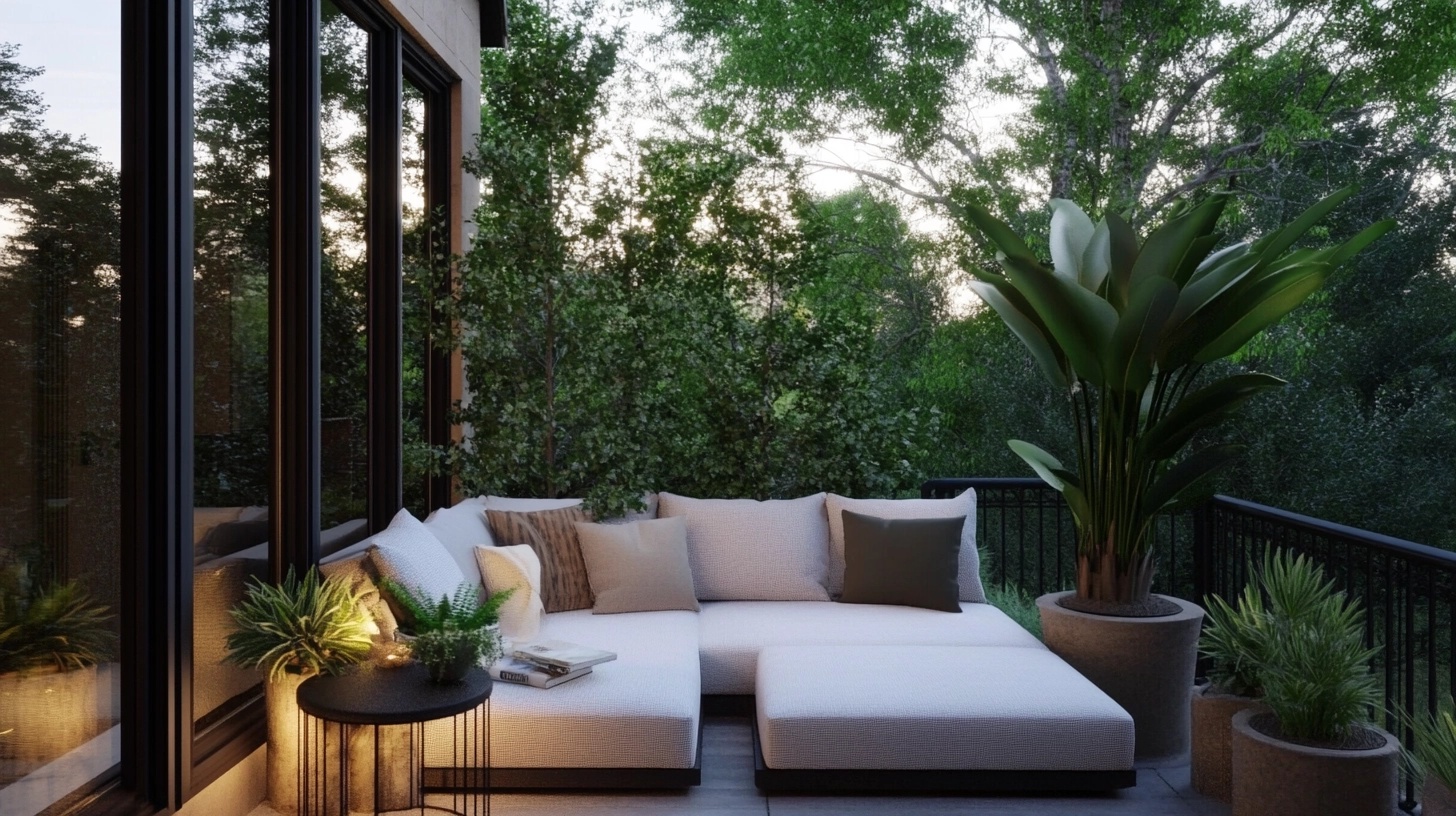 Balcony with sectional and plants.