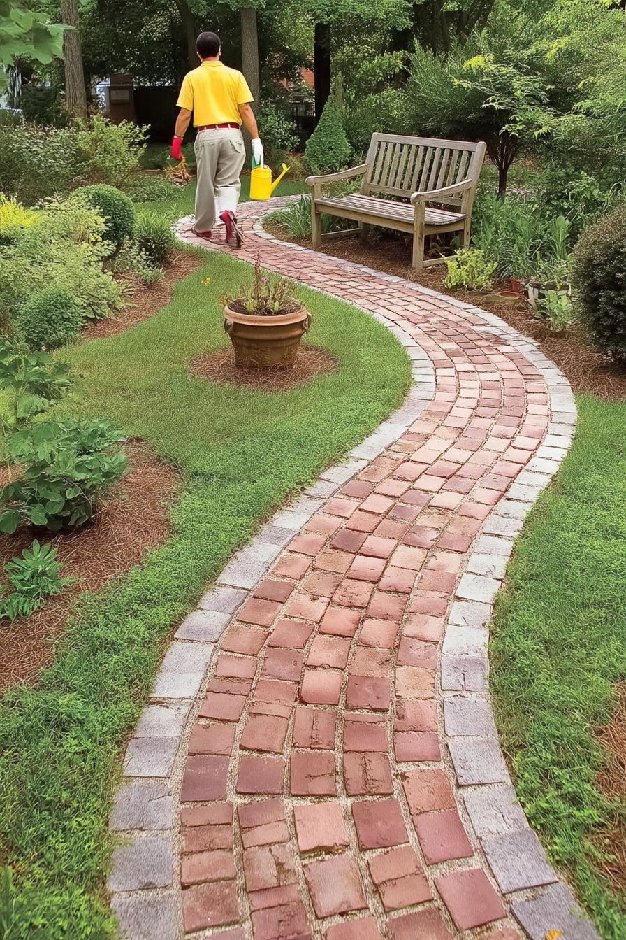 A winding stone pathways ideas walkways made of reddish square pavers with a grey paver border through a garden