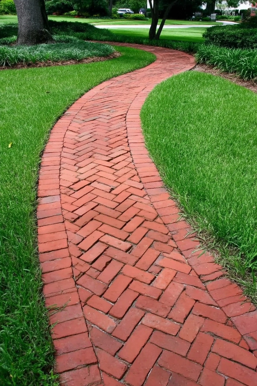 Herringbone Brick Garden Path A classic red brick garden path laid in a traditional herringbone pattern, curving gently through a bright green lawn.