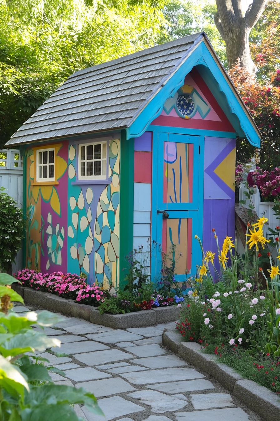 Small wooden garden shed painted with a vibrant, colorful abstract mural featuring blues, pinks, yellows, and geometric shapes