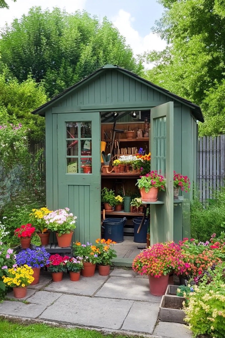 View through the open door of a green garden shed showing neatly organized shelves with pots and tools