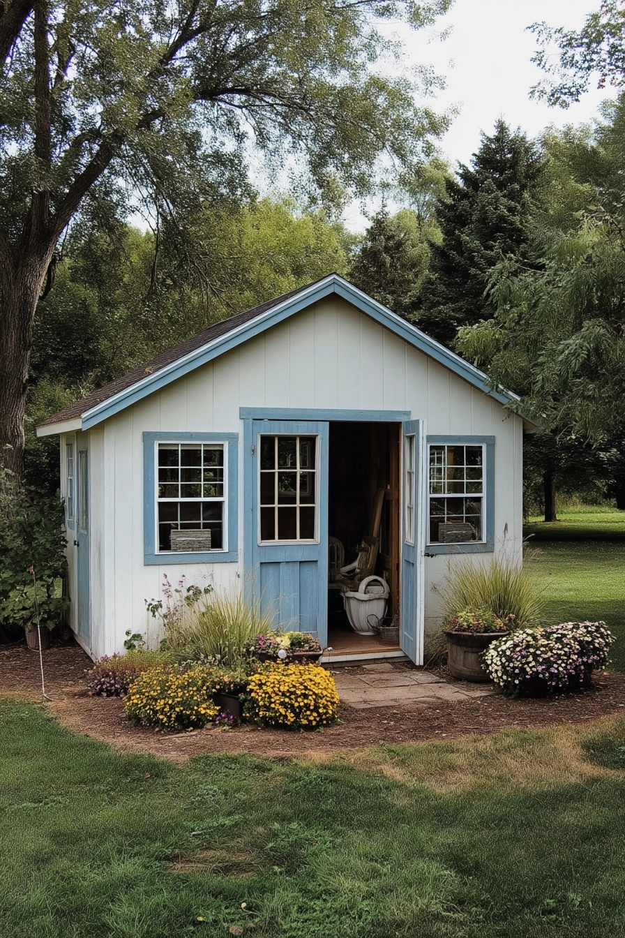 Charming white and blue garden shed nestled in a lush garden bed with flowers and grasses