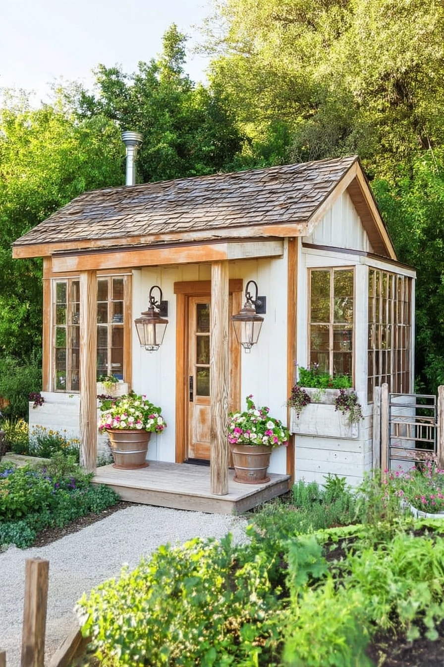Charming white garden shed with a small wooden porch and overhang supported by natural wood posts