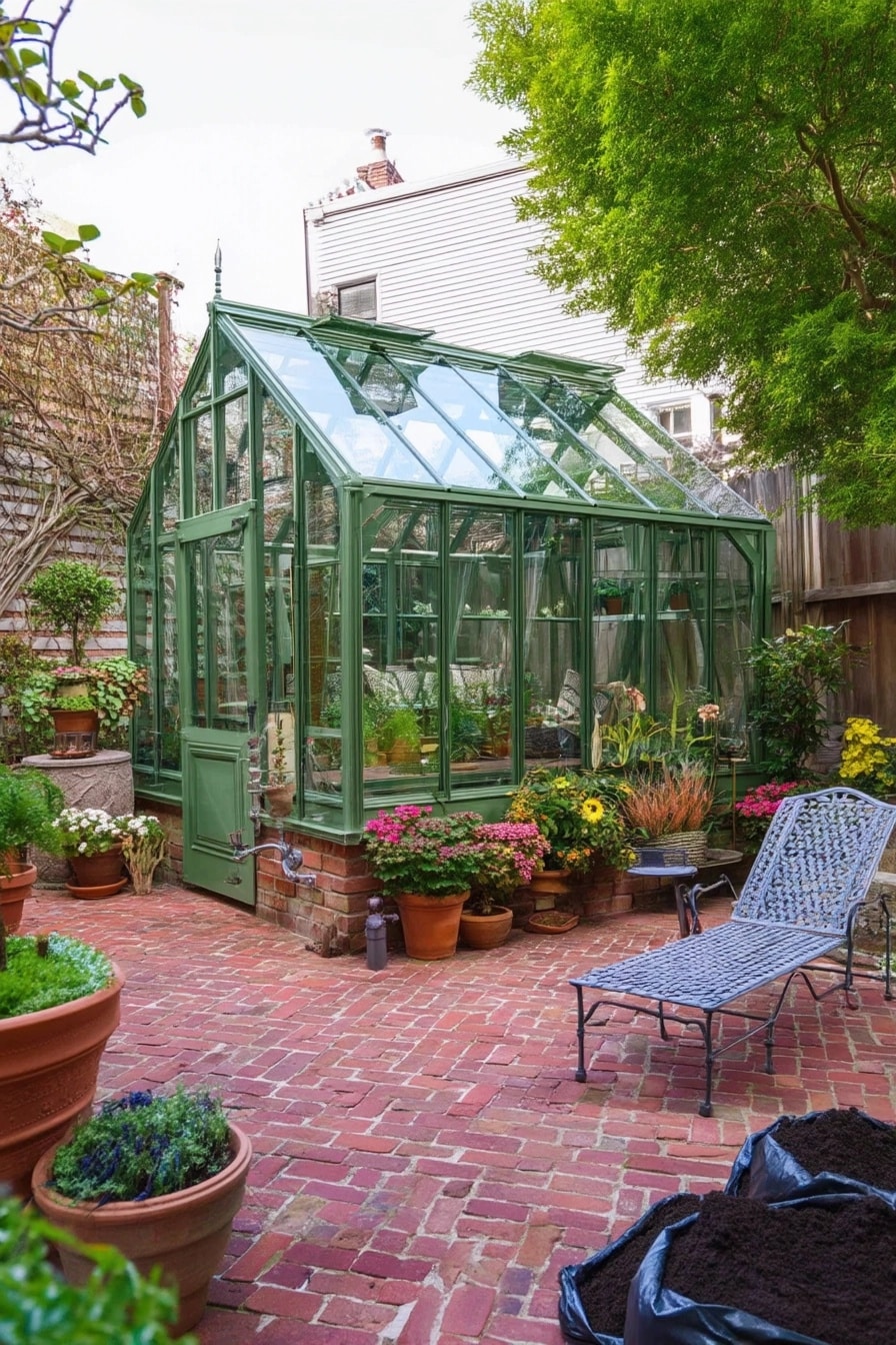 Elegant greenhouse-style garden shed with a solid brick base providing texture and elevation