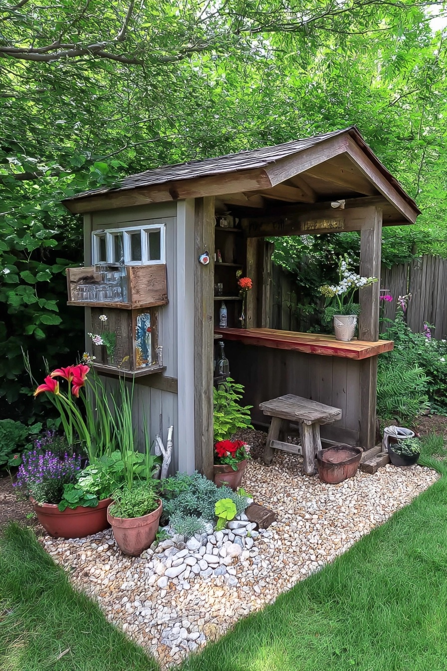 Rustic garden shed transformed into an outdoor bar with a counter, stools, and wall-mounted shelves/planters