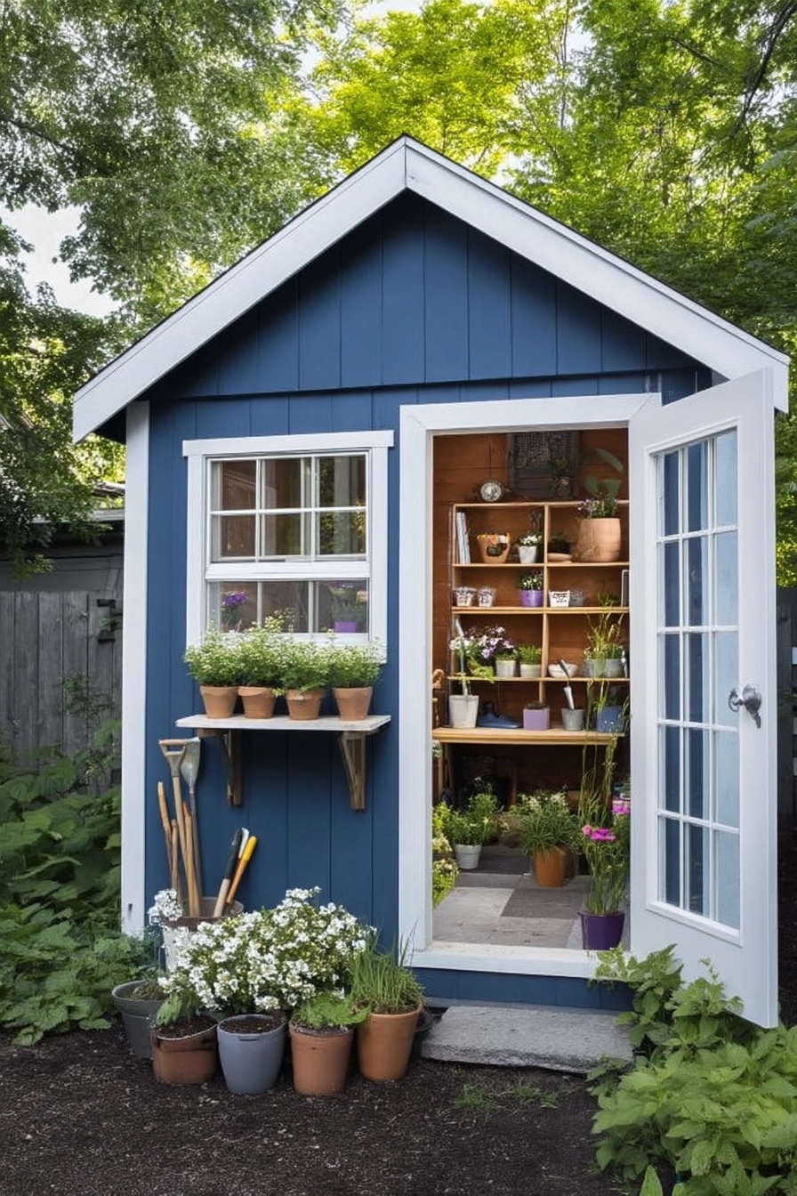 Interior view of a blue garden shed showing organized shelves holding pots, tools, and supplies