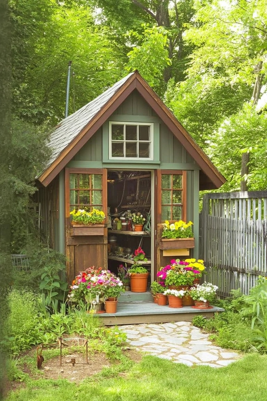 Simple flagstone pathway leading to a cute blue garden shed with white trim