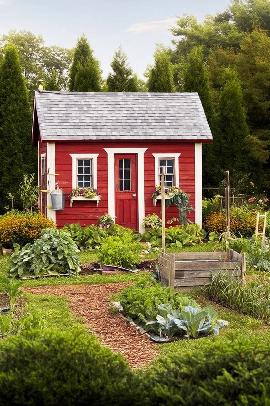 Vibrant red garden shed surrounded by lush green garden beds and plants