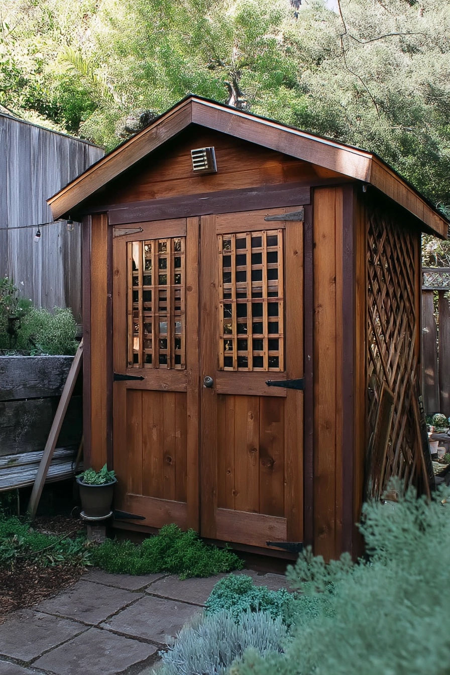 Dark stained wooden garden shed featuring unique lattice-style wooden doors and rustic hardware