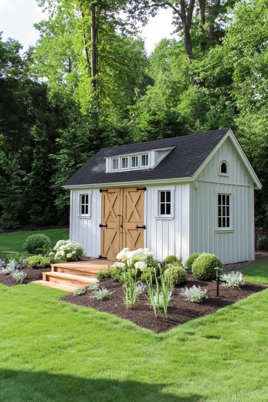 Elegant white garden shed with natural wood barn-style doors and manicured landscaping
