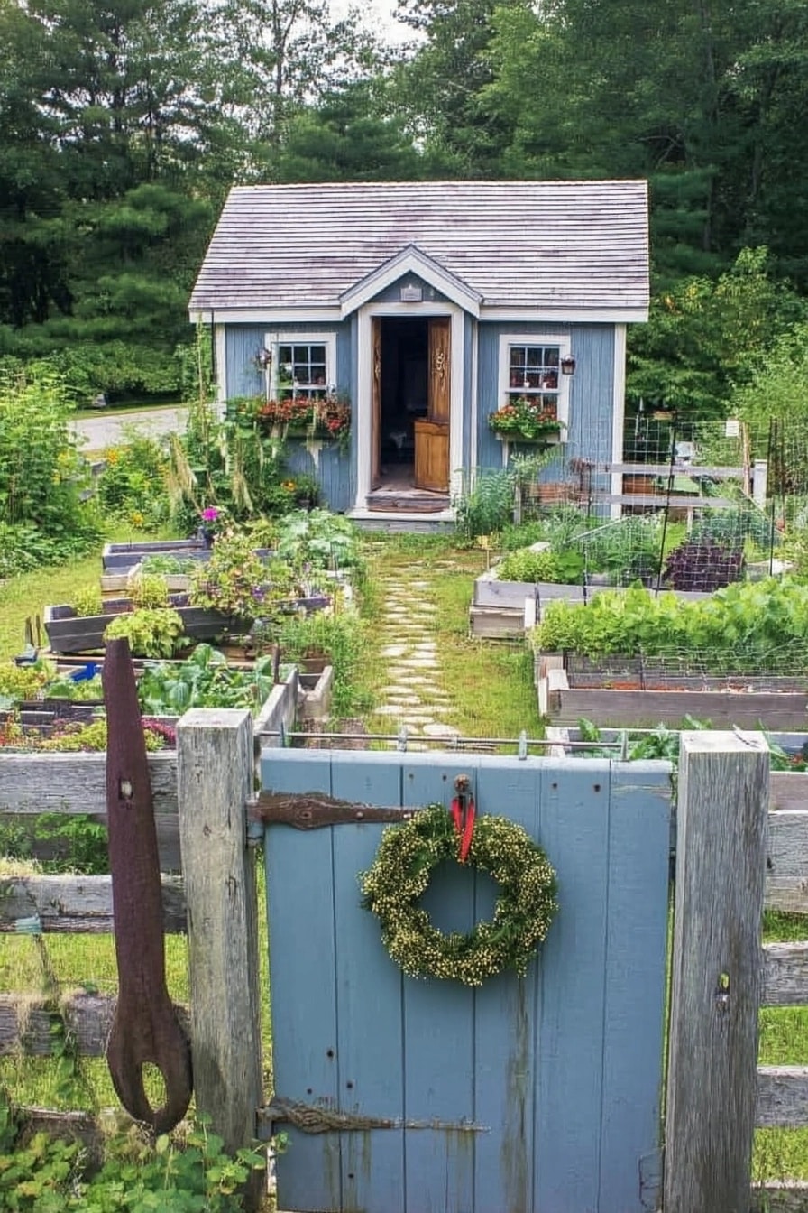 Cute light blue garden shed with white trim and window boxes overflowing with colorful flowers
