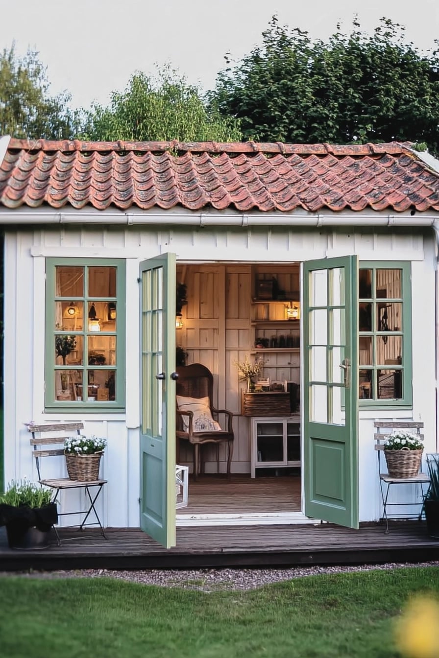 White garden shed with green-trimmed French doors open, revealing a cozy interior with seating