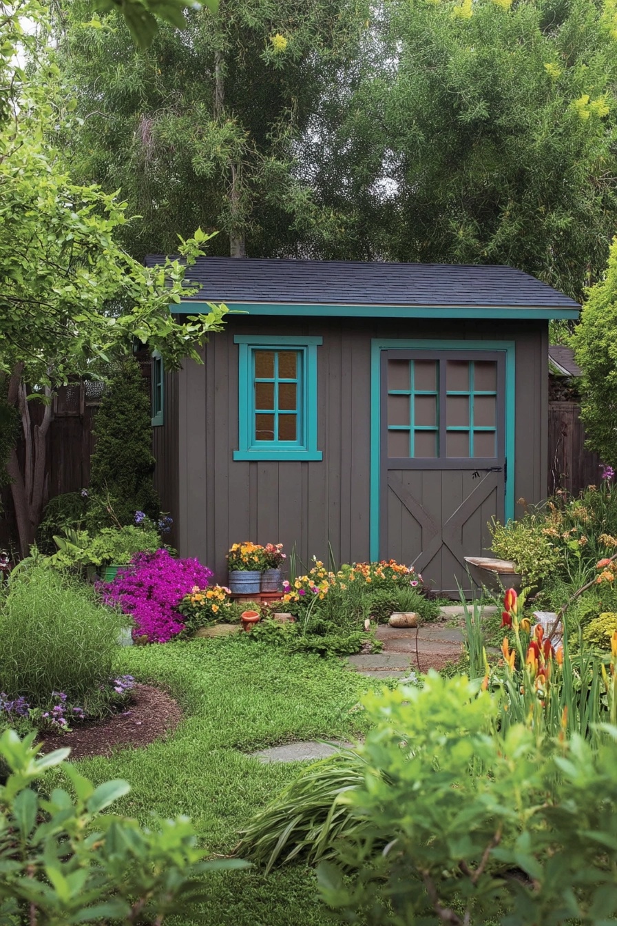 Dark grey garden shed with contrasting bright turquoise trim around the window and door