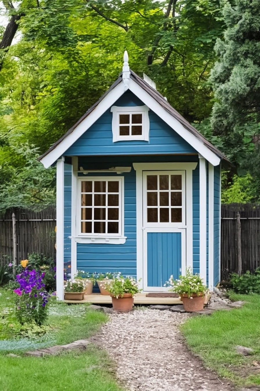 Cute blue garden shed with prominent white trim around the windows, door, and roofline
