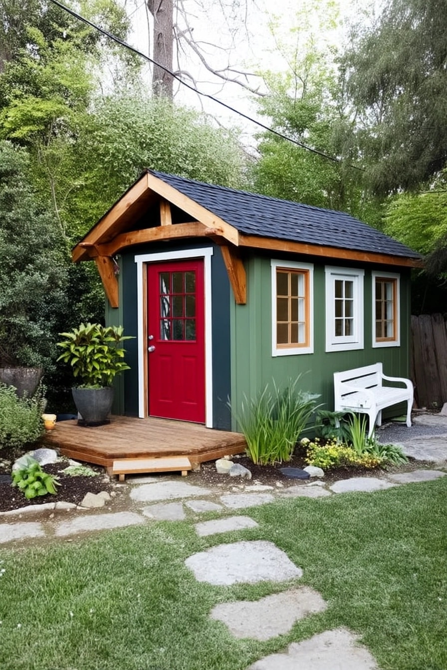 Green garden shed with natural wood trim and a bright, contrasting red painted door