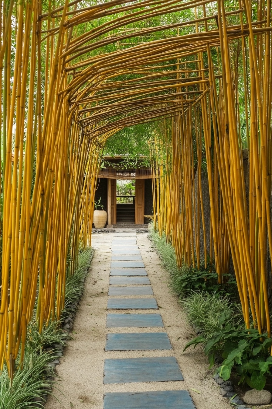 Pathway with stepping stones on sand leading through an arched tunnel constructed from yellow bamboo poles.